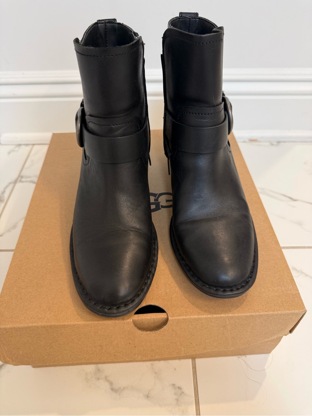 UGG Black Leather Ankle Booties with Strap Accent